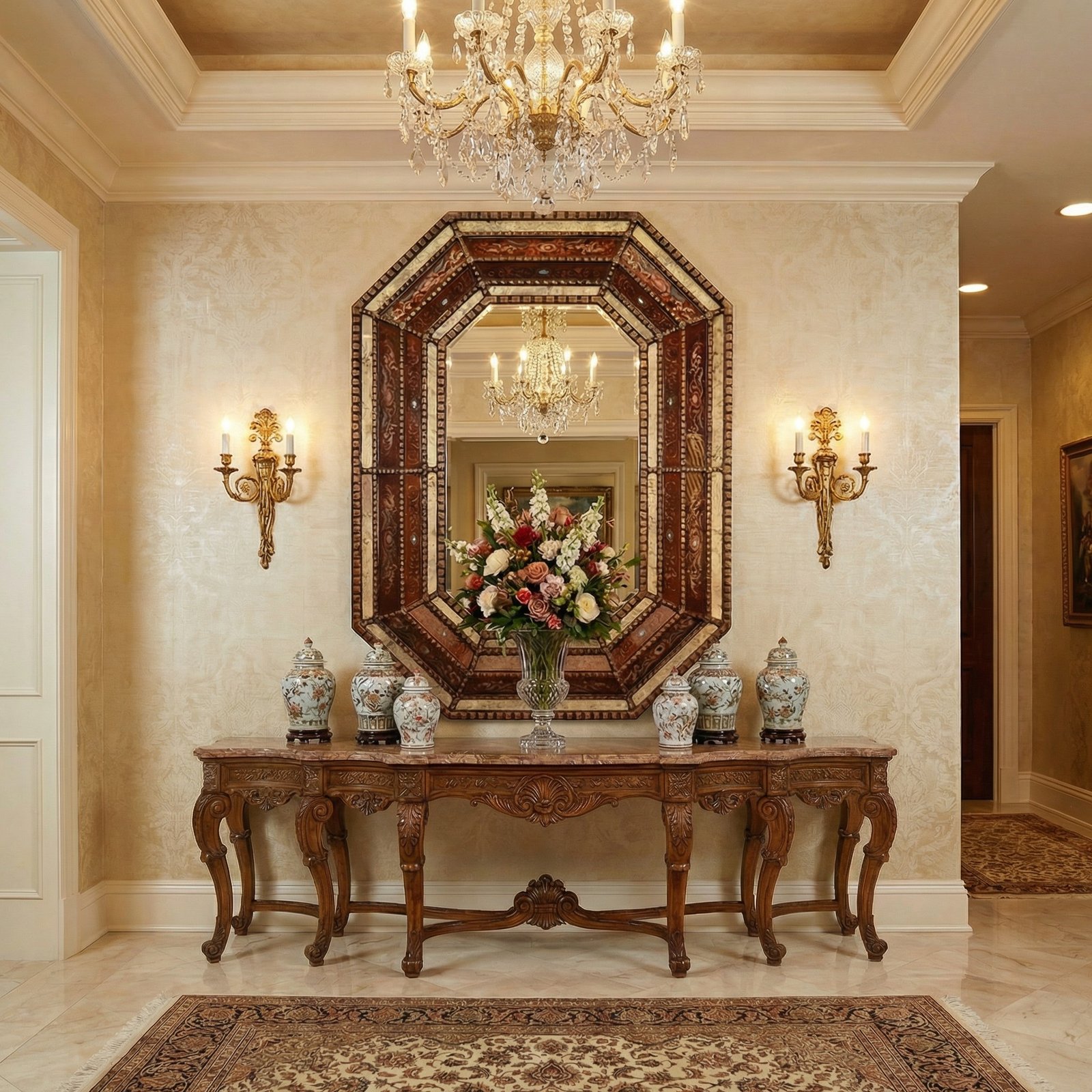 Peruvian Painted Glass Octagonal Mirror