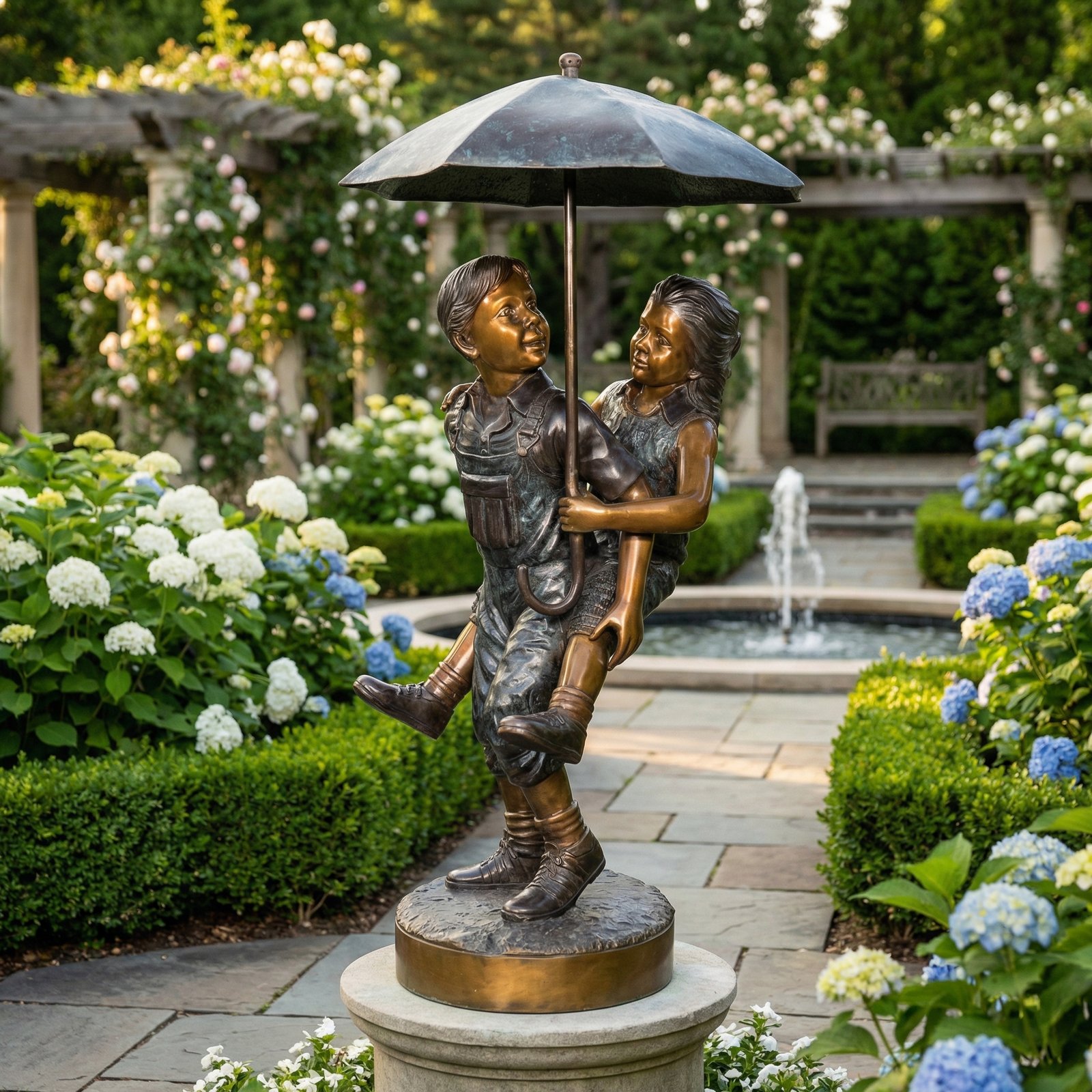 Boy and Girl with Umbrella Fountain
