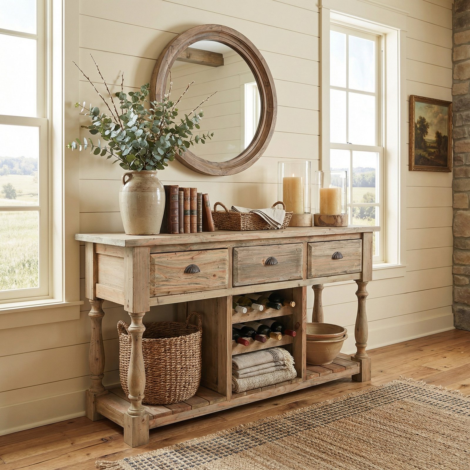 Farmhouse Console with Wine Rack in All Natural Finish