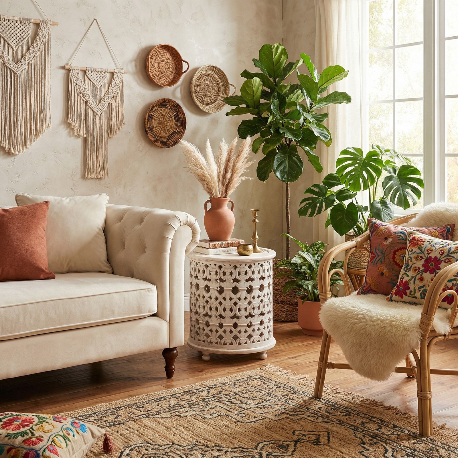 Silhouette Carved Washed Side Table