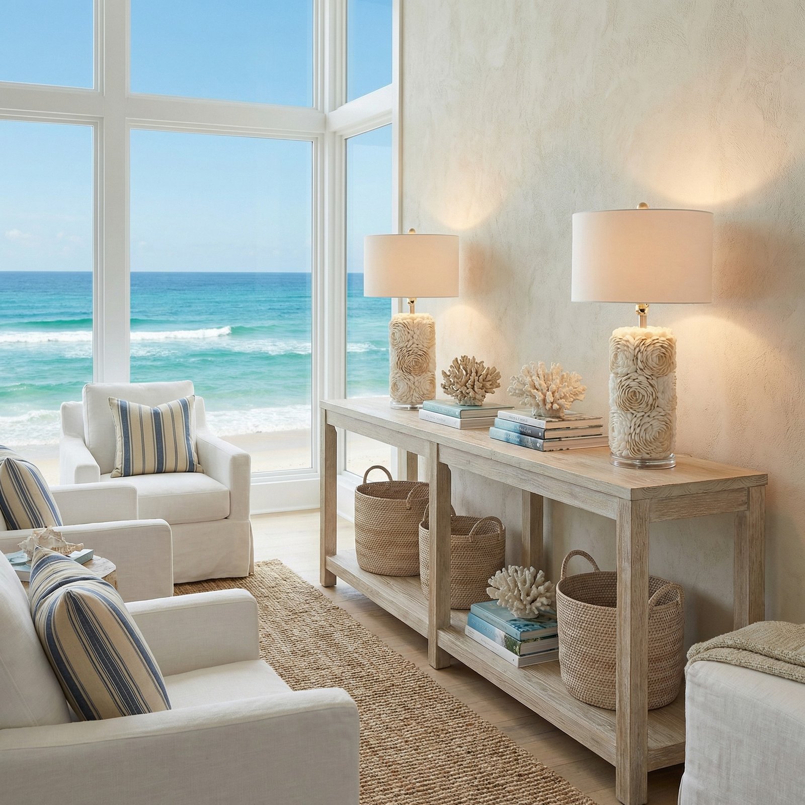 Set of 2 Coastal Beach Natural Seashell Table Lamps with Shade