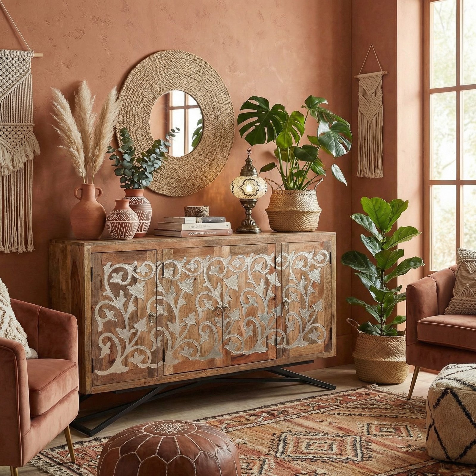 The Brass Scroll Mango Credenza 68 Inches