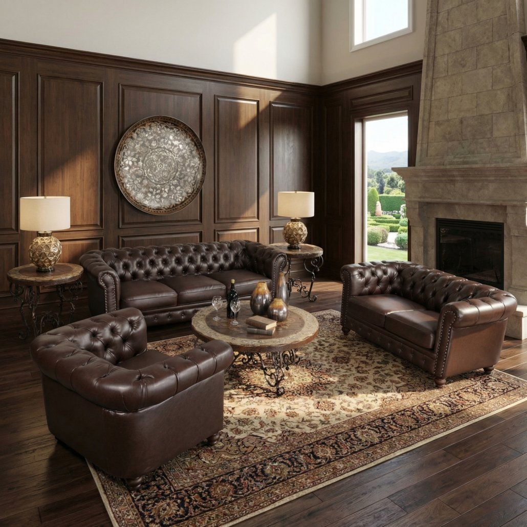 Classic Chesterfield Brown Sofa Set of 3 (KIT)