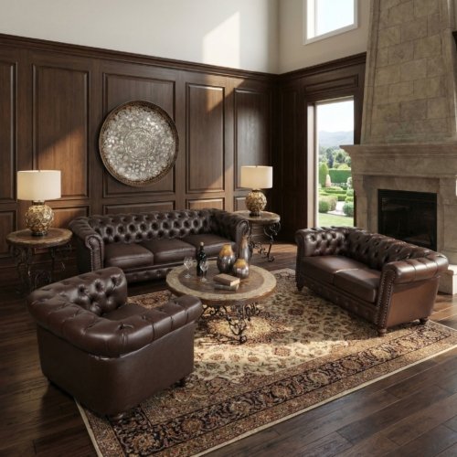 Classic Chesterfield Brown Sofa Set of 3 (KIT)