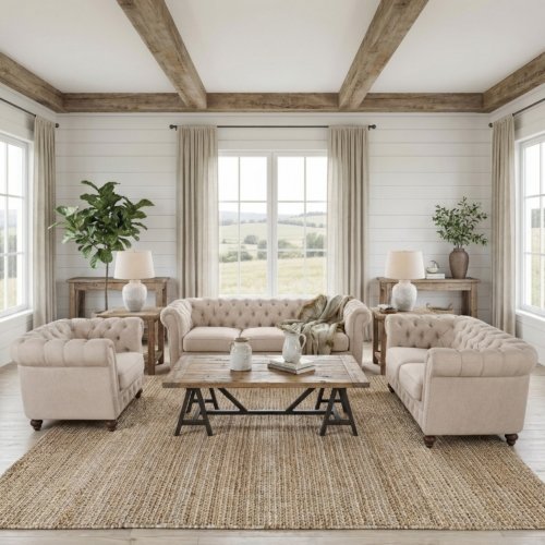 Classic Chesterfield Dark Linen Sofa Set of 3