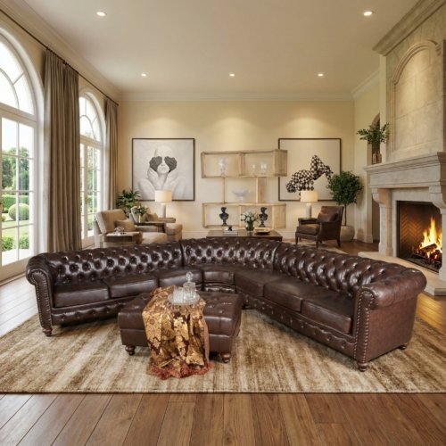 Classic Chesterfield Brown Sectional with Ottoman (KIT)