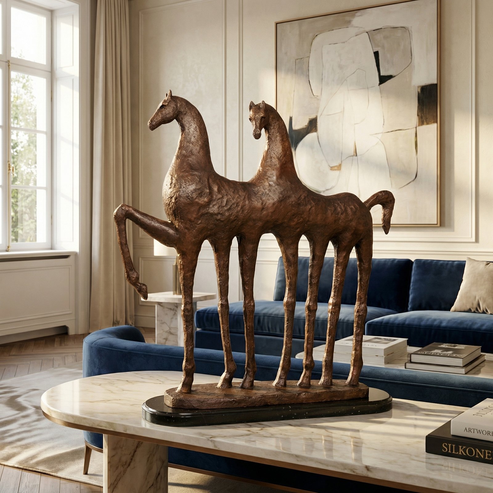 Two Modern Horse And Marble Base