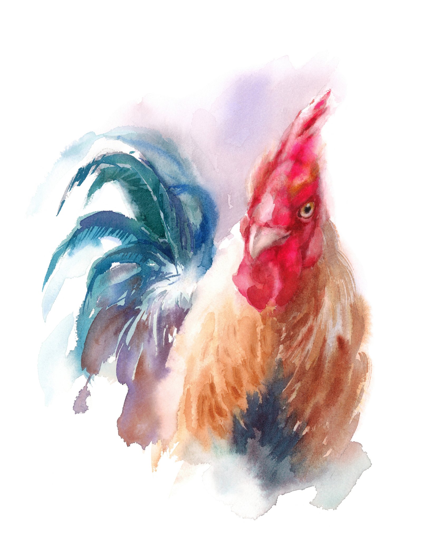 Rooster Watercolor 36x48 Gallery Wrapped Hand Embellished Giclee Canvas - Image 9