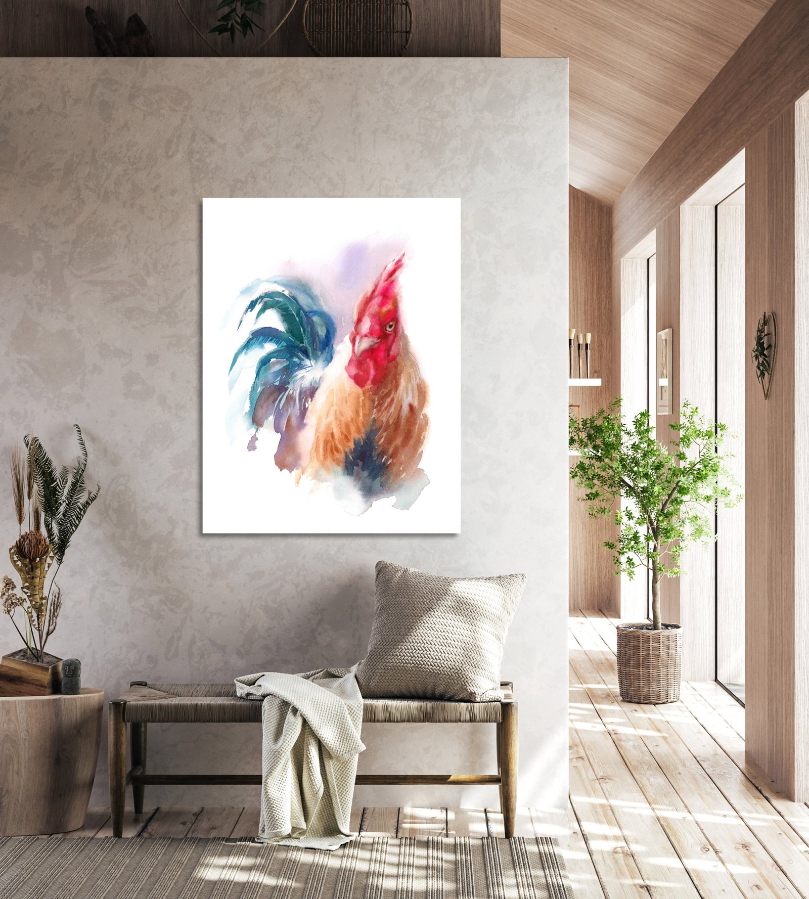 Rooster Watercolor 36x48 Gallery Wrapped Hand Embellished Giclee Canvas - Image 5