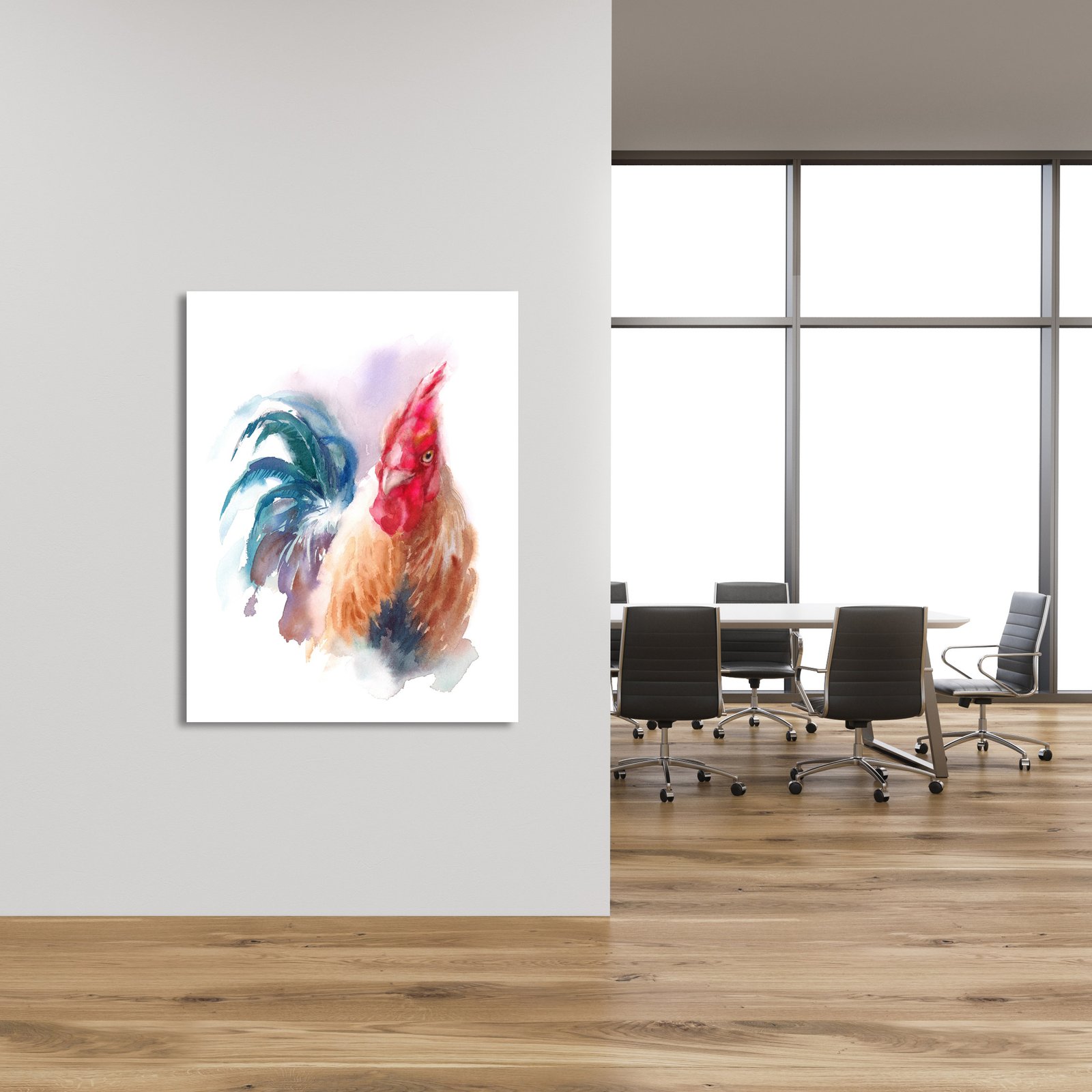 Rooster Watercolor 36x48 Gallery Wrapped Hand Embellished Giclee Canvas - Image 6