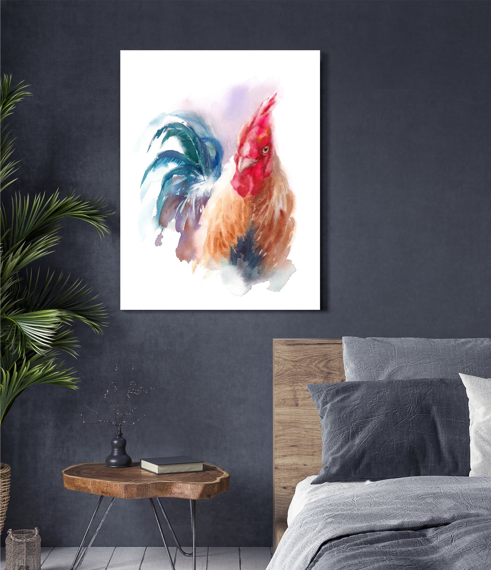 Rooster Watercolor 36x48 Gallery Wrapped Hand Embellished Giclee Canvas - Image 4
