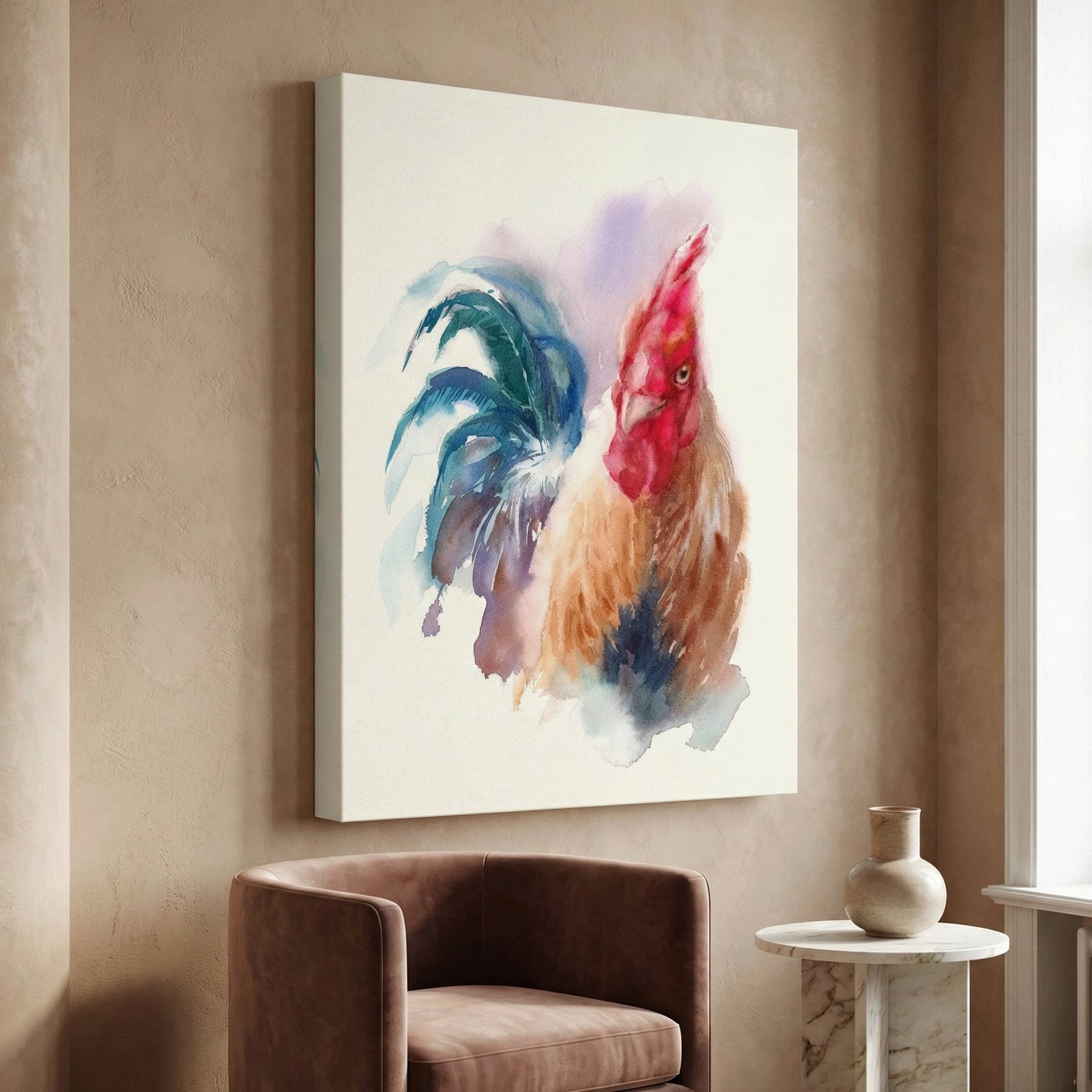 Rooster Watercolor 36x48 Gallery Wrapped Hand Embellished Giclee Canvas - Image 3