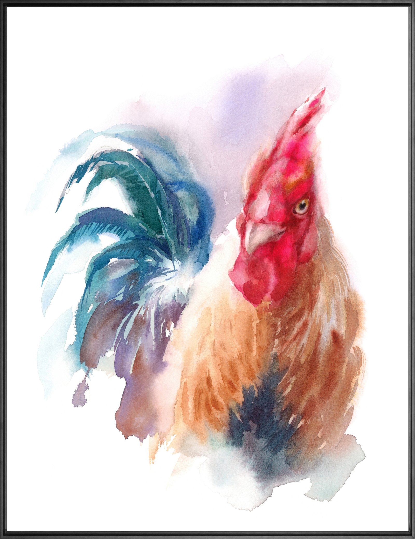 Rooster Watercolor 36x48 Gallery Wrapped Hand Embellished Giclee Canvas - Image 10