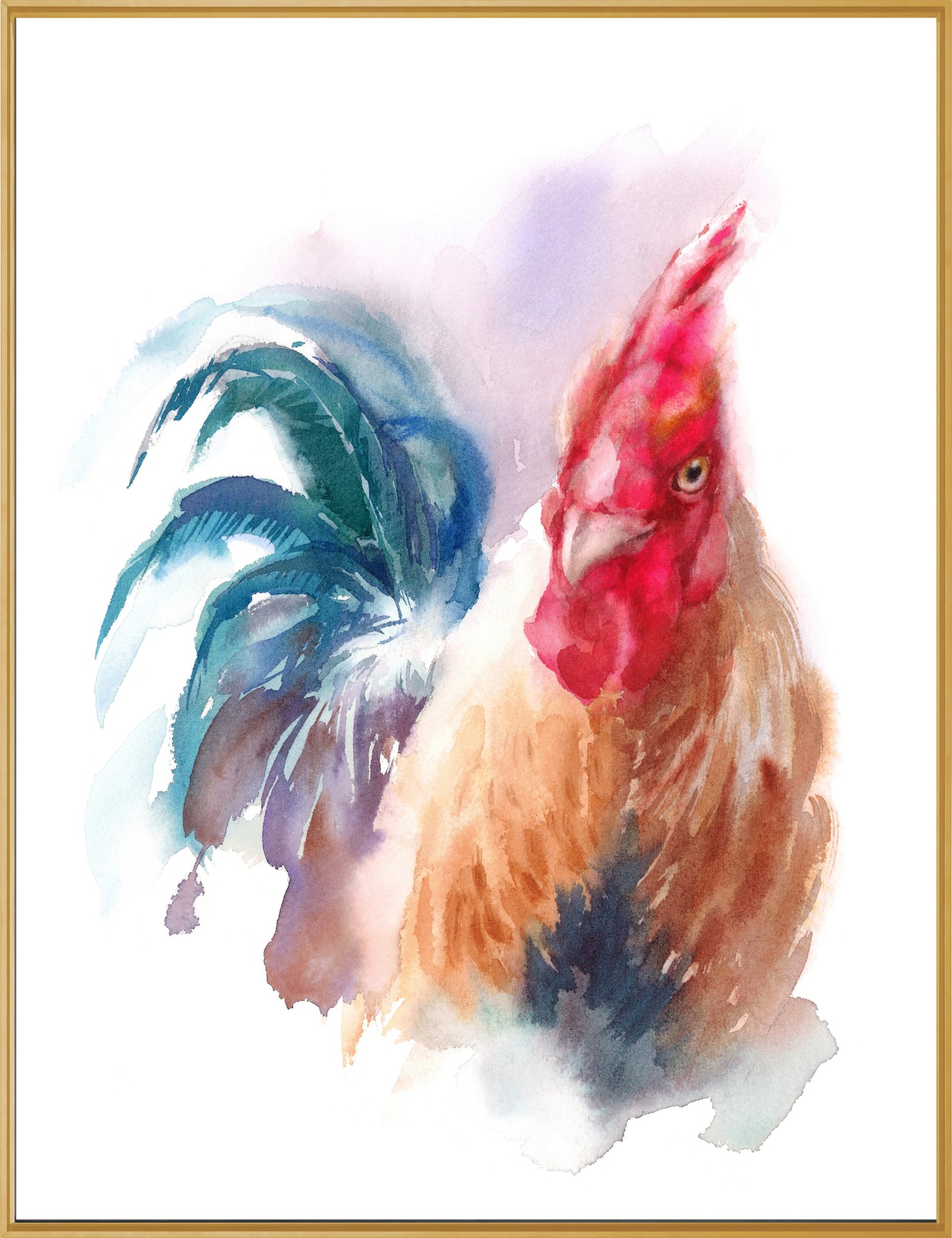 Rooster Watercolor 36x48 Gallery Wrapped Hand Embellished Giclee Canvas - Image 7