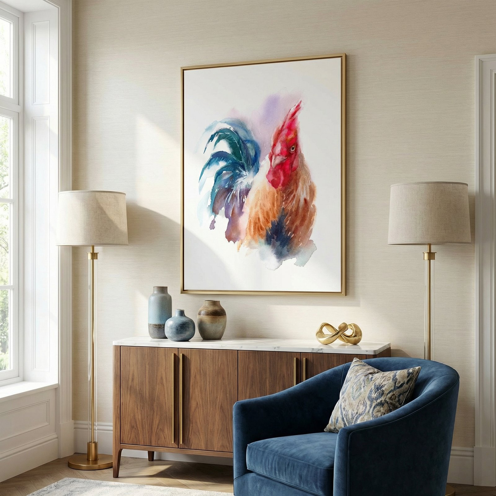 Rooster Watercolor 36x48 Gallery Wrapped Hand Embellished Giclee Canvas - Image 2