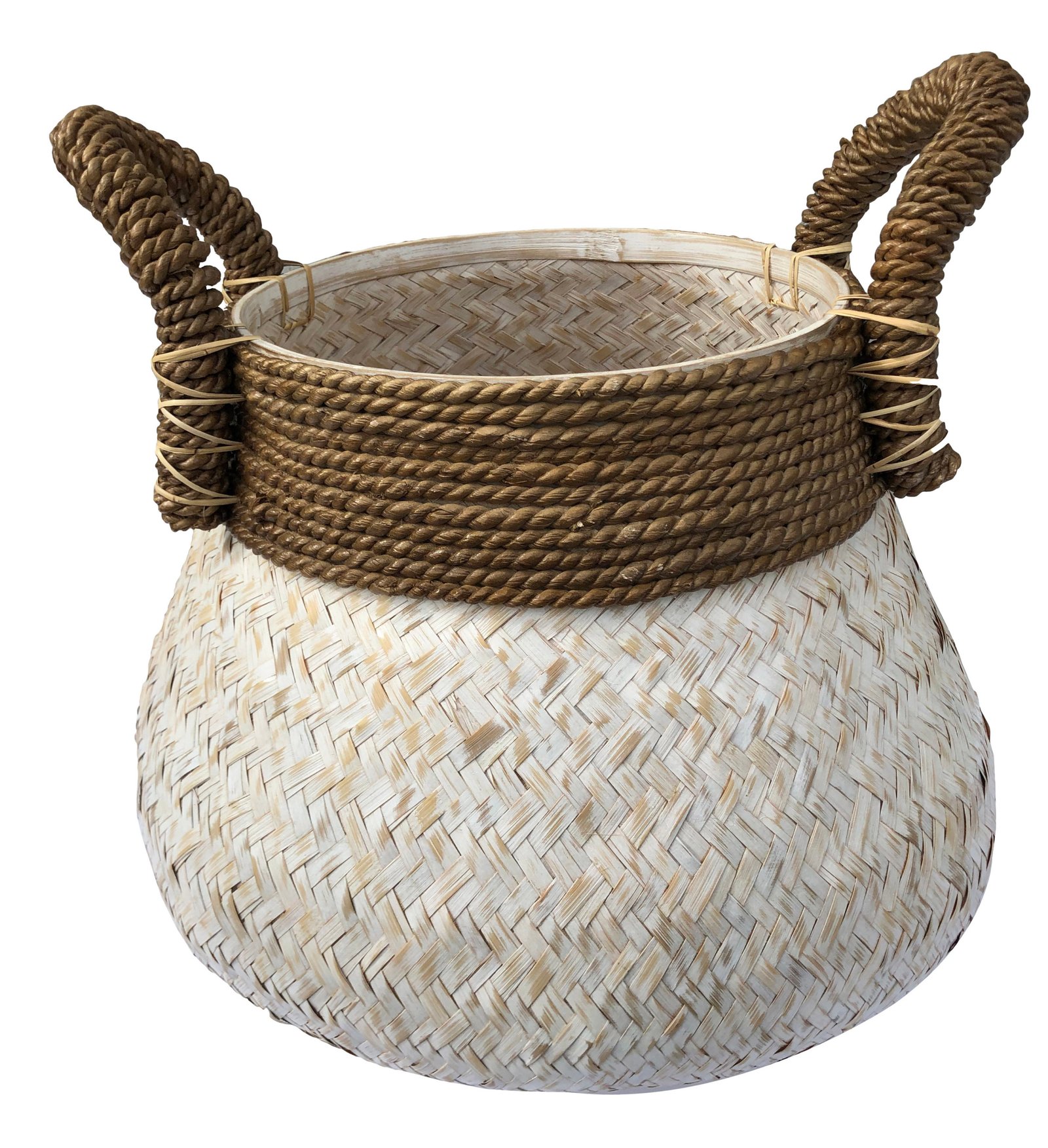 White Splint Weave Basket With Brown Handles - Image 2