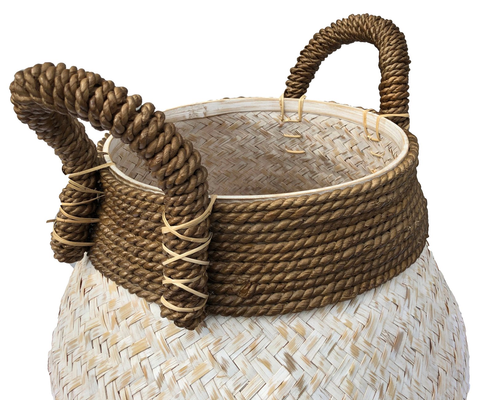 White Splint Weave Basket With Brown Handles - Image 3
