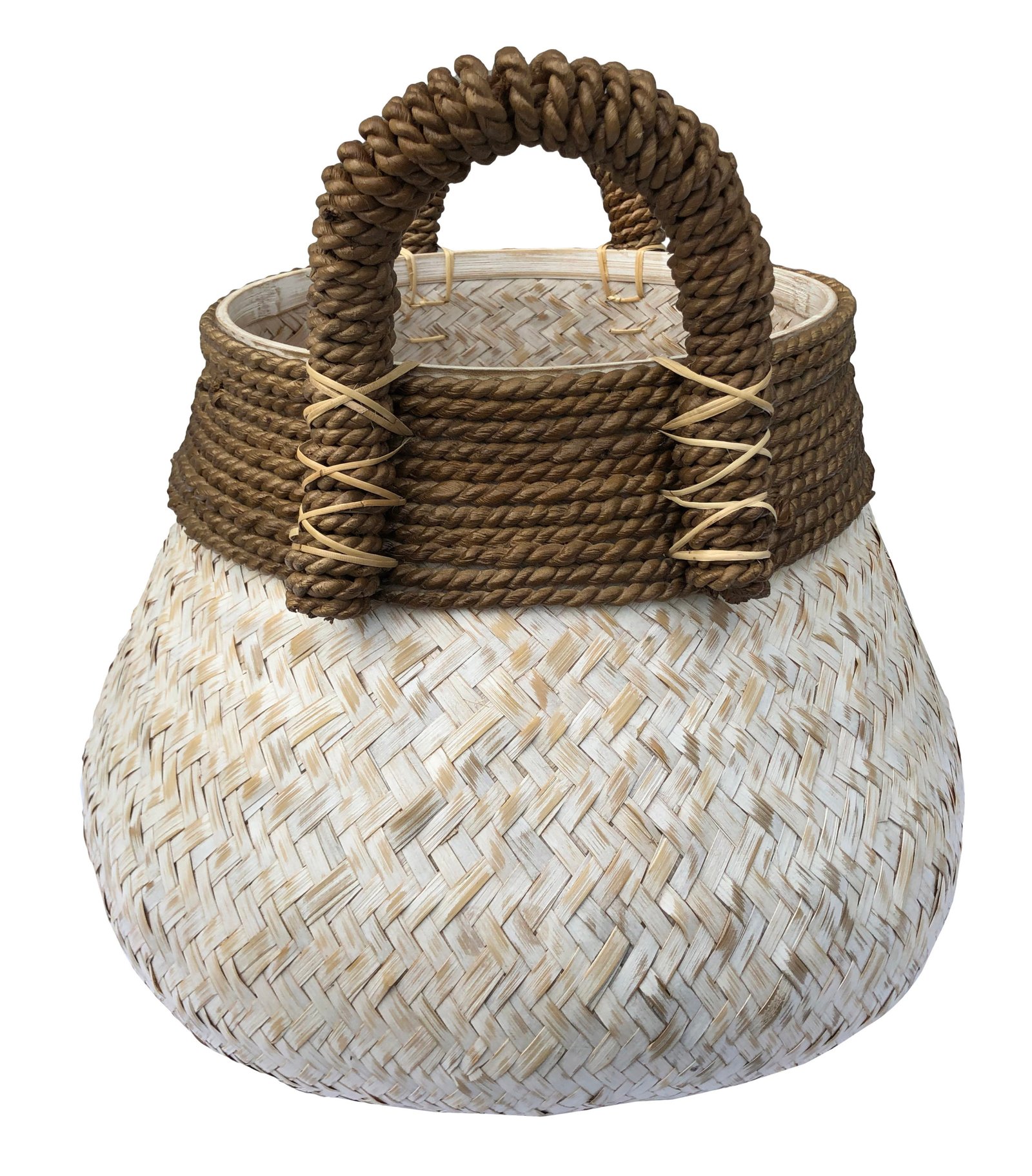 White Splint Weave Basket With Brown Handles - Image 4