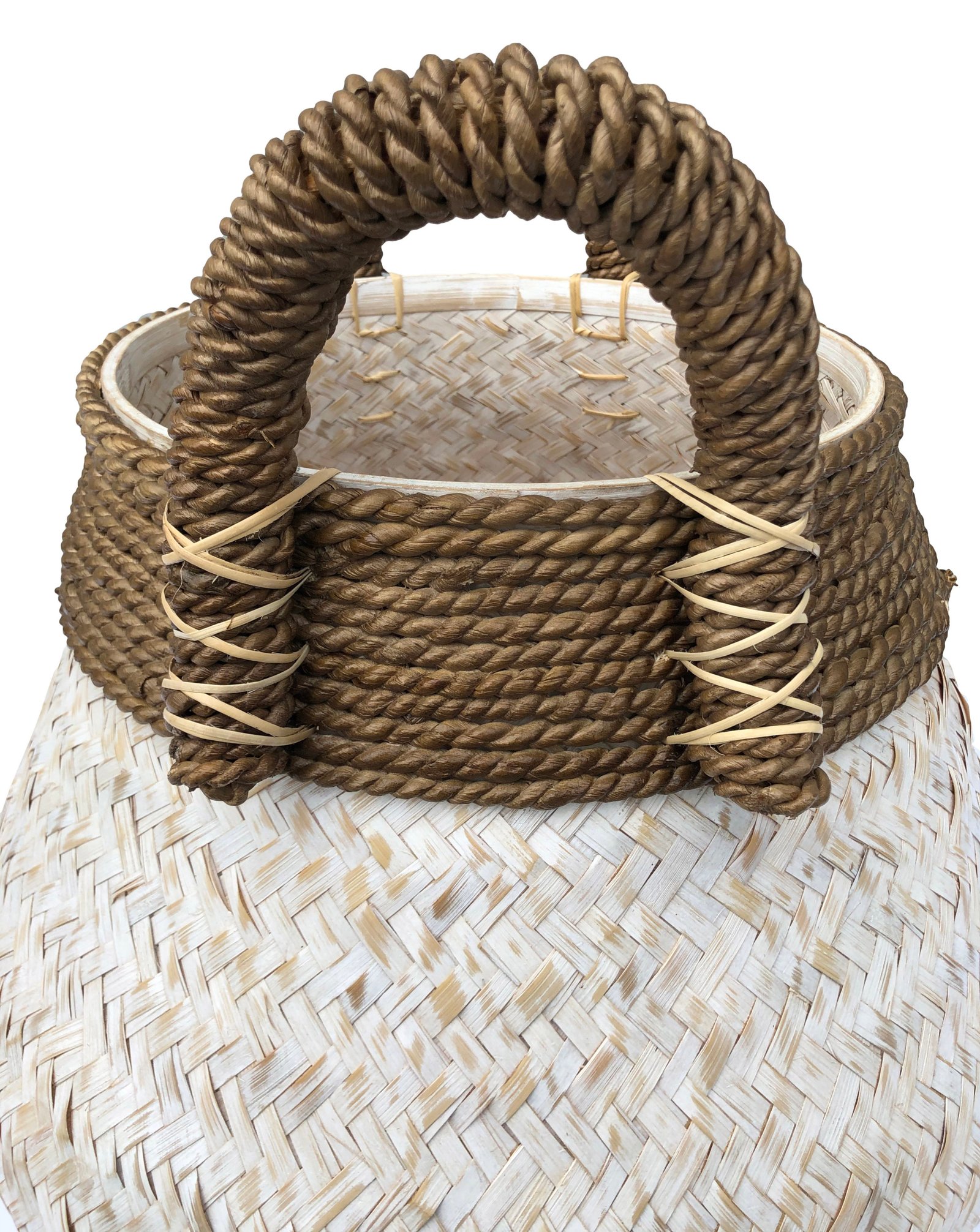 White Splint Weave Basket With Brown Handles - Image 6