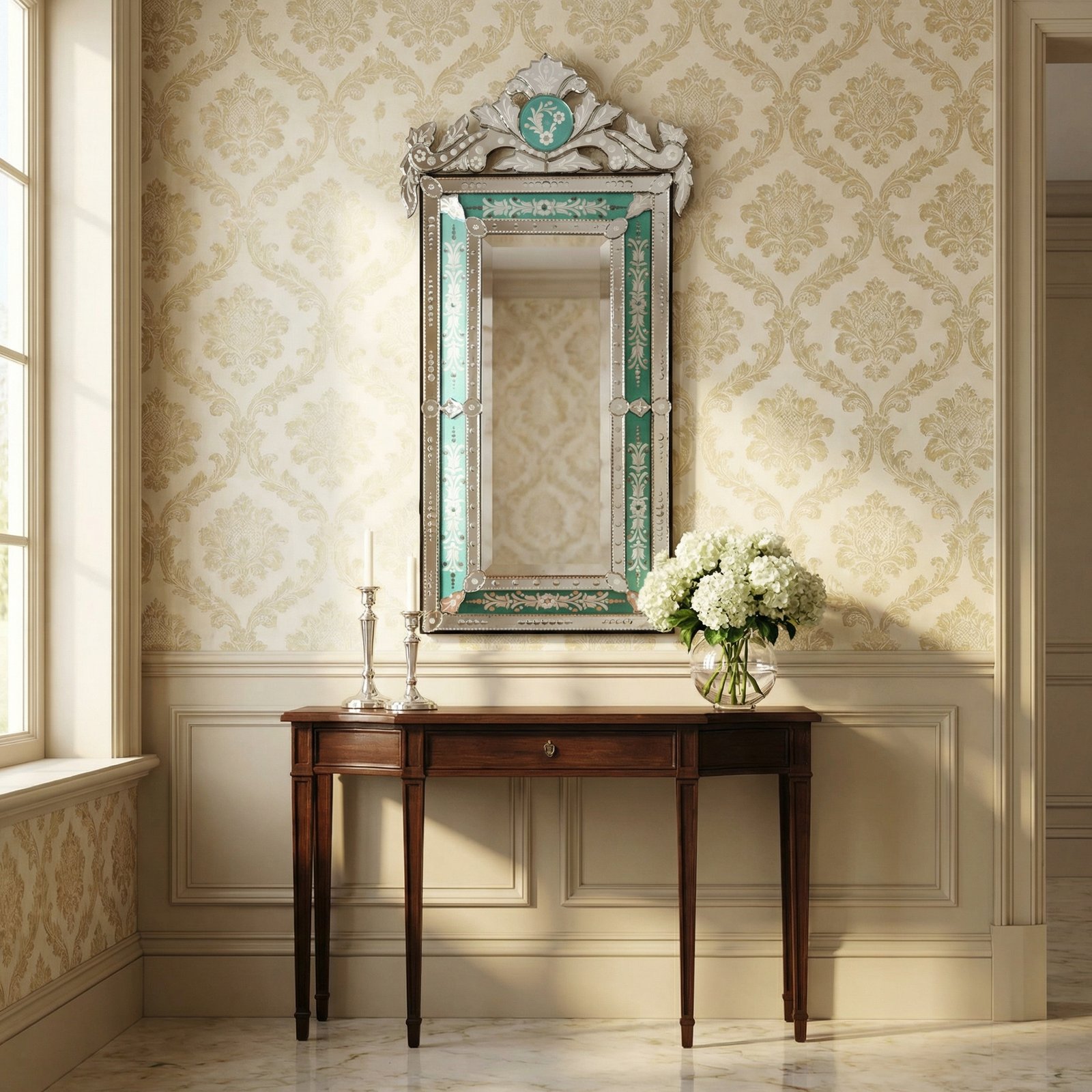Striking Venetian Style Mirror With Seafoam Border 47.24" Tall