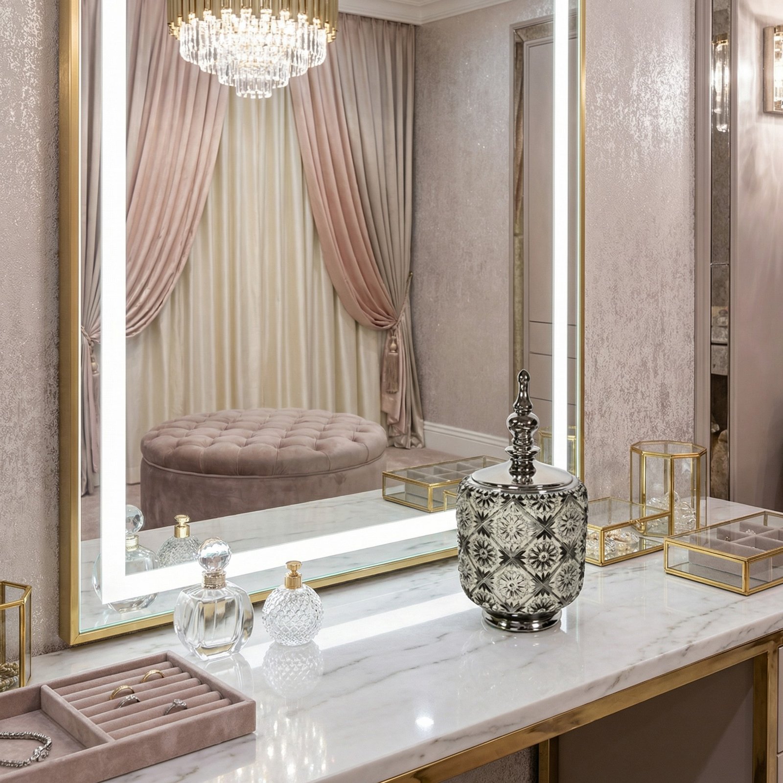 Silver Black Crystal Flower Canister Bowl Urn Ornament Modern Box