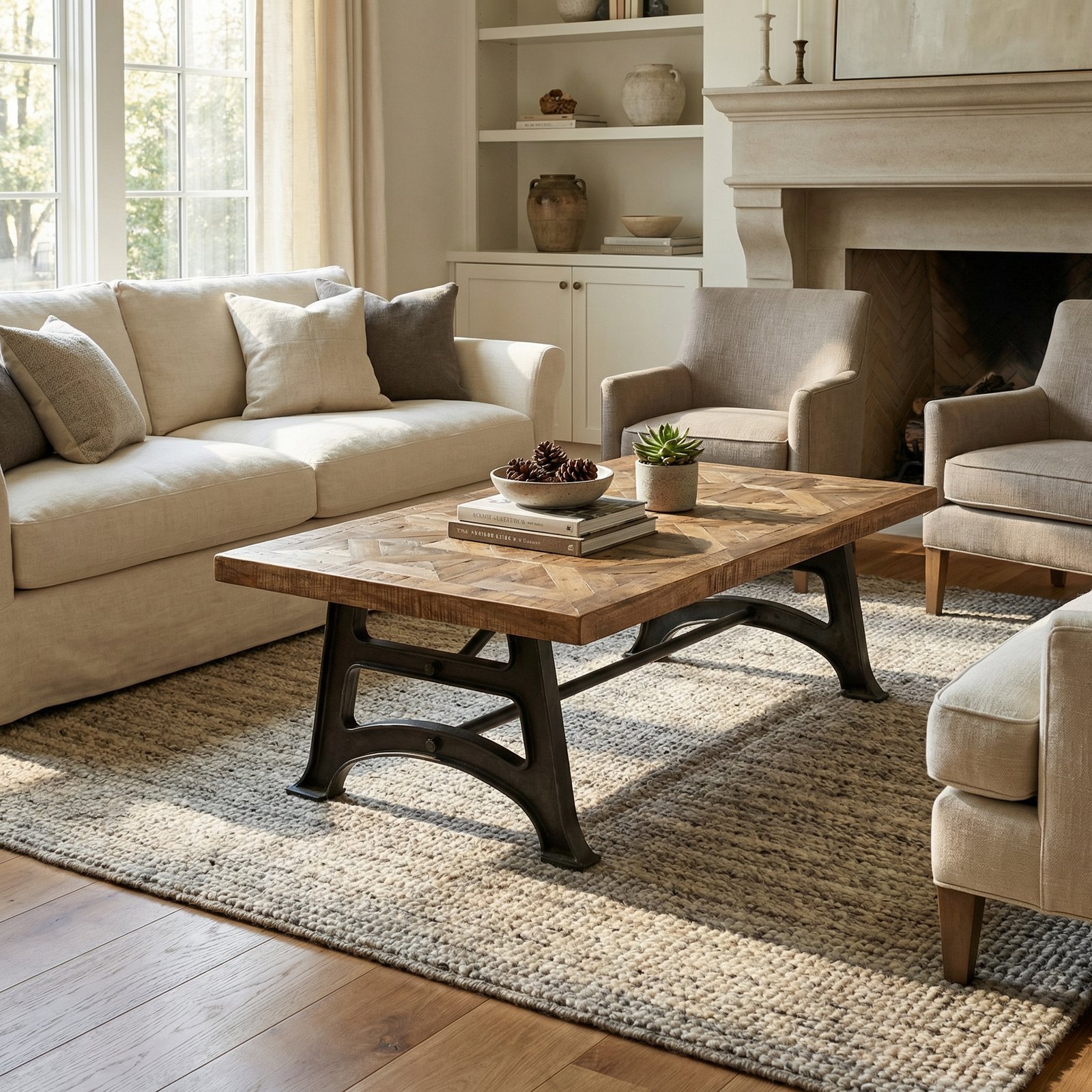 Wood and Industrial Iron Mango Parquet Coffee Table 54 Inch