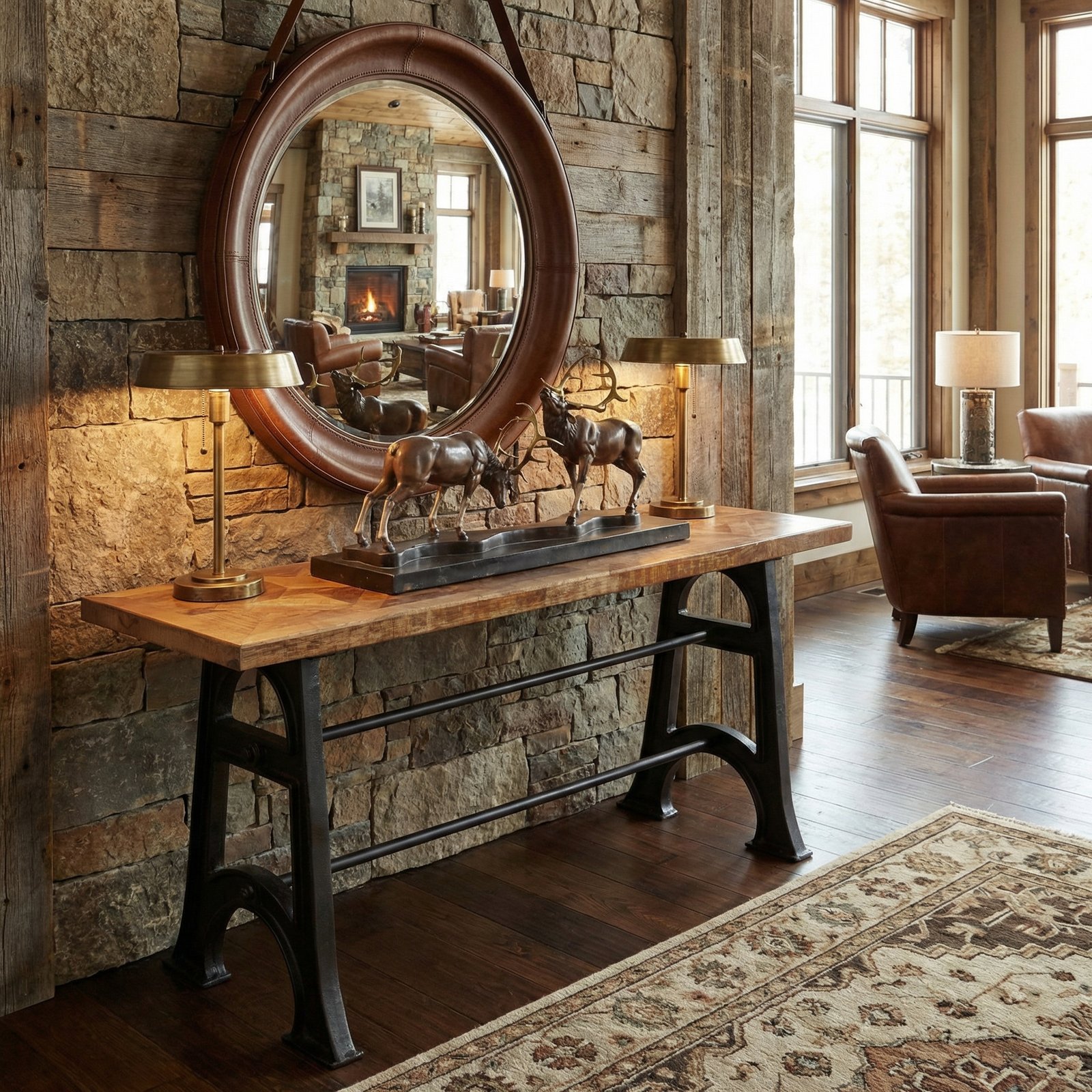 Wood and Industrial Iron Mango Parquet Console Table 60 Inch