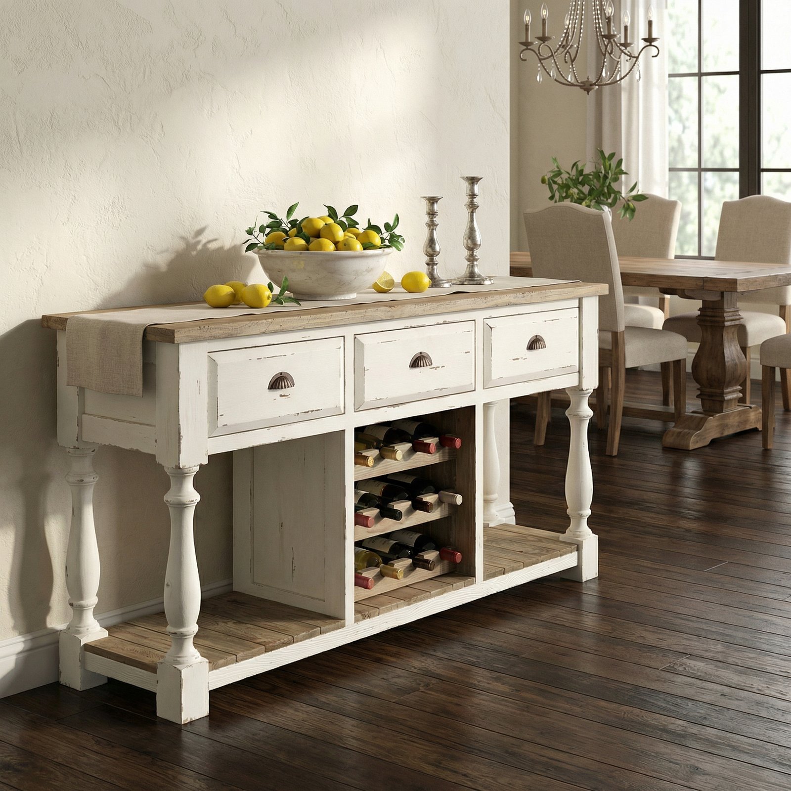 Farmhouse Console Wine Rack White Chalk Finish and Natural Top