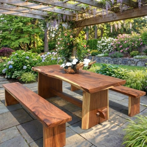 Suar Wood Table Set With 2 Benches (KIT)
