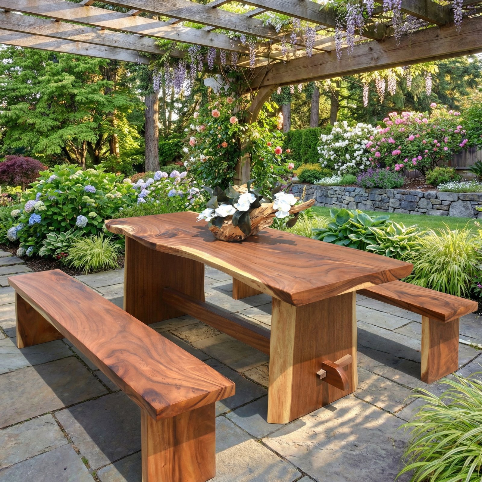 Suar Wood Table Set With 2 Benches (KIT)