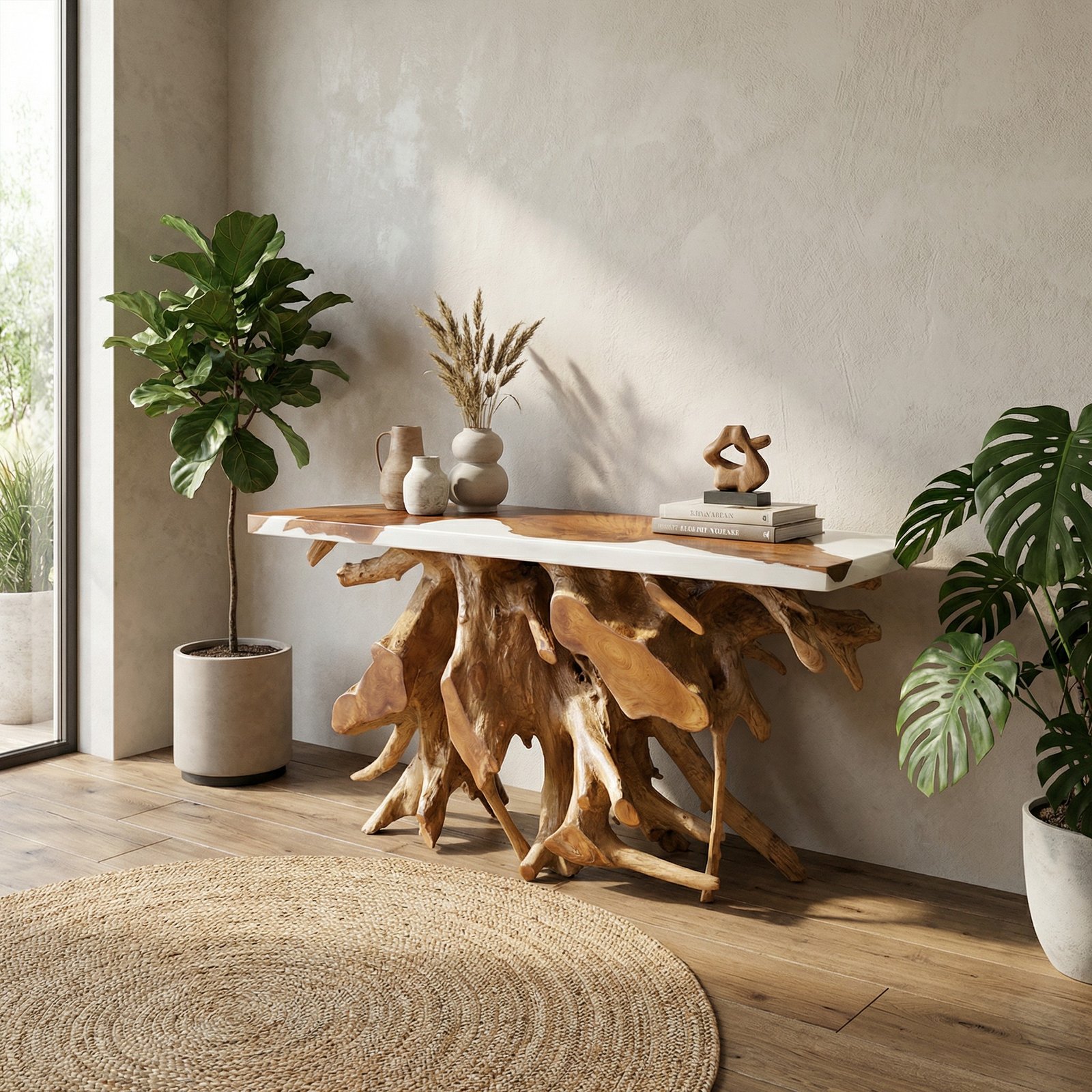 Artistic 60 Inch Floating Teak Root Console in White Epoxy Resin