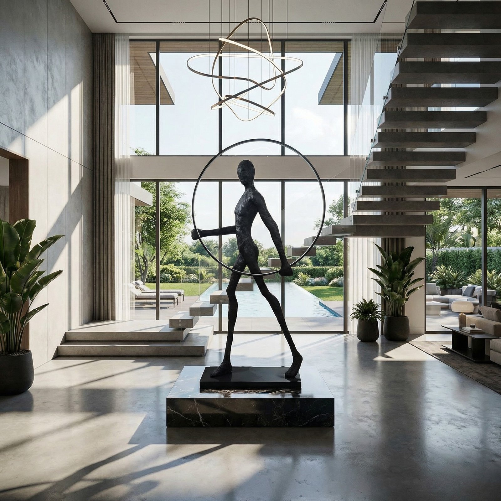 Sculpture Modern Man with Illuminated Sphere 82 Inches Tall, Life Size, Abstract, Art, Statue