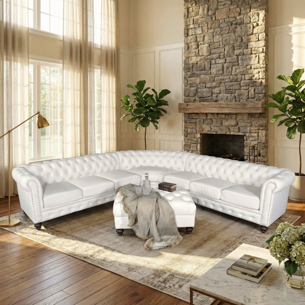 Classic Chesterfield White Sectional with Ottoman (KIT)