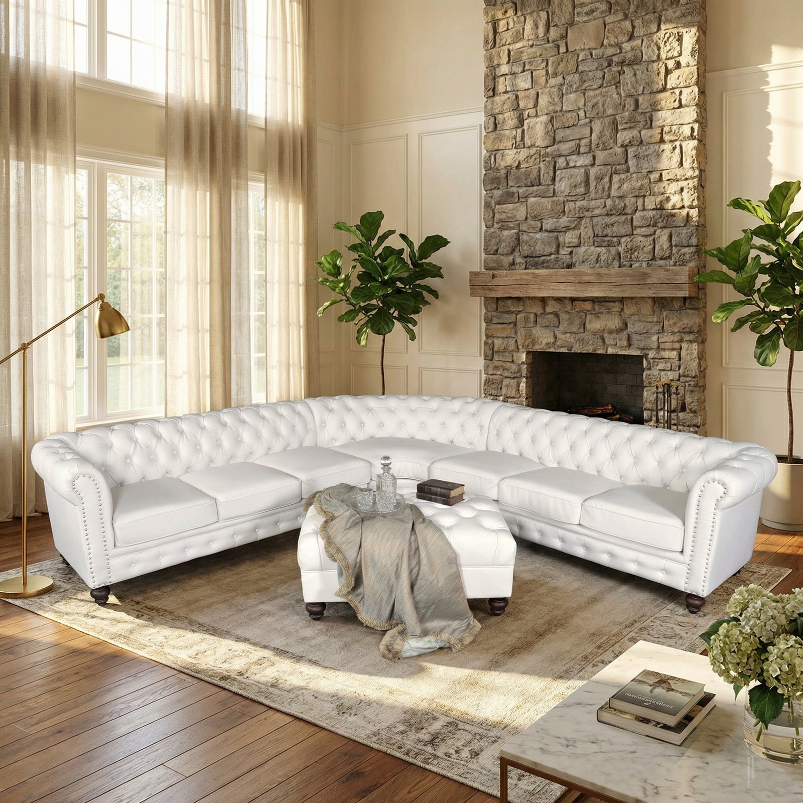 Classic Chesterfield White Sectional with Ottoman (KIT)