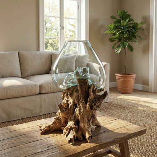 Mountain Studios Large Artistic Blown Glass and Natural Teak, Fish Bowl