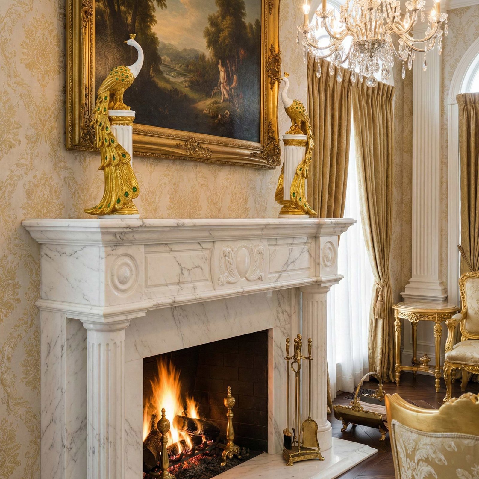 Golden Emerald Peacocks on Pedestal Set of 2