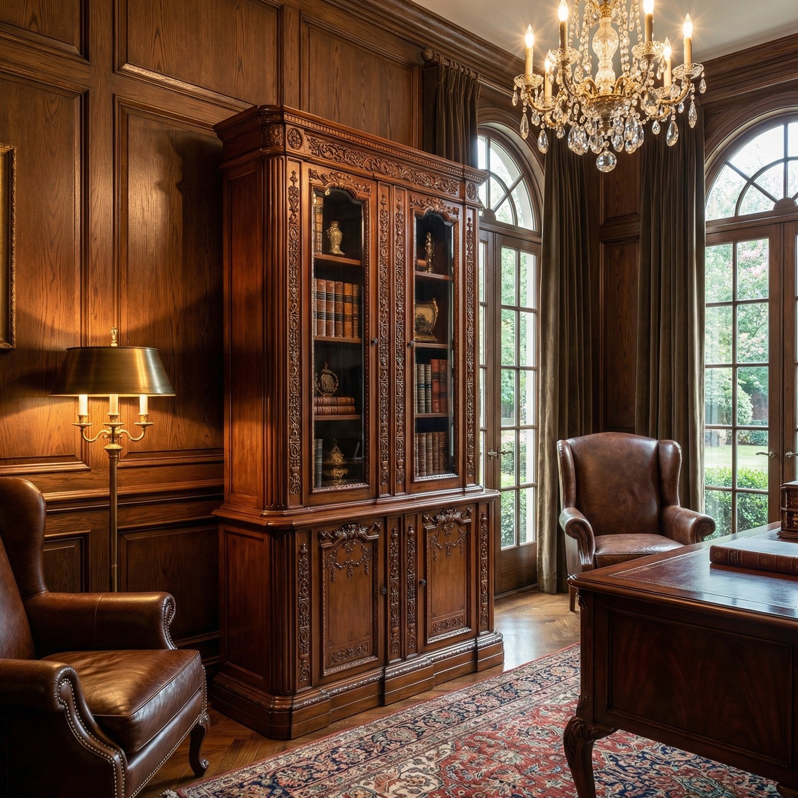 Resolute Hand Carved Mahogany Bookcase 44"W x 92"H