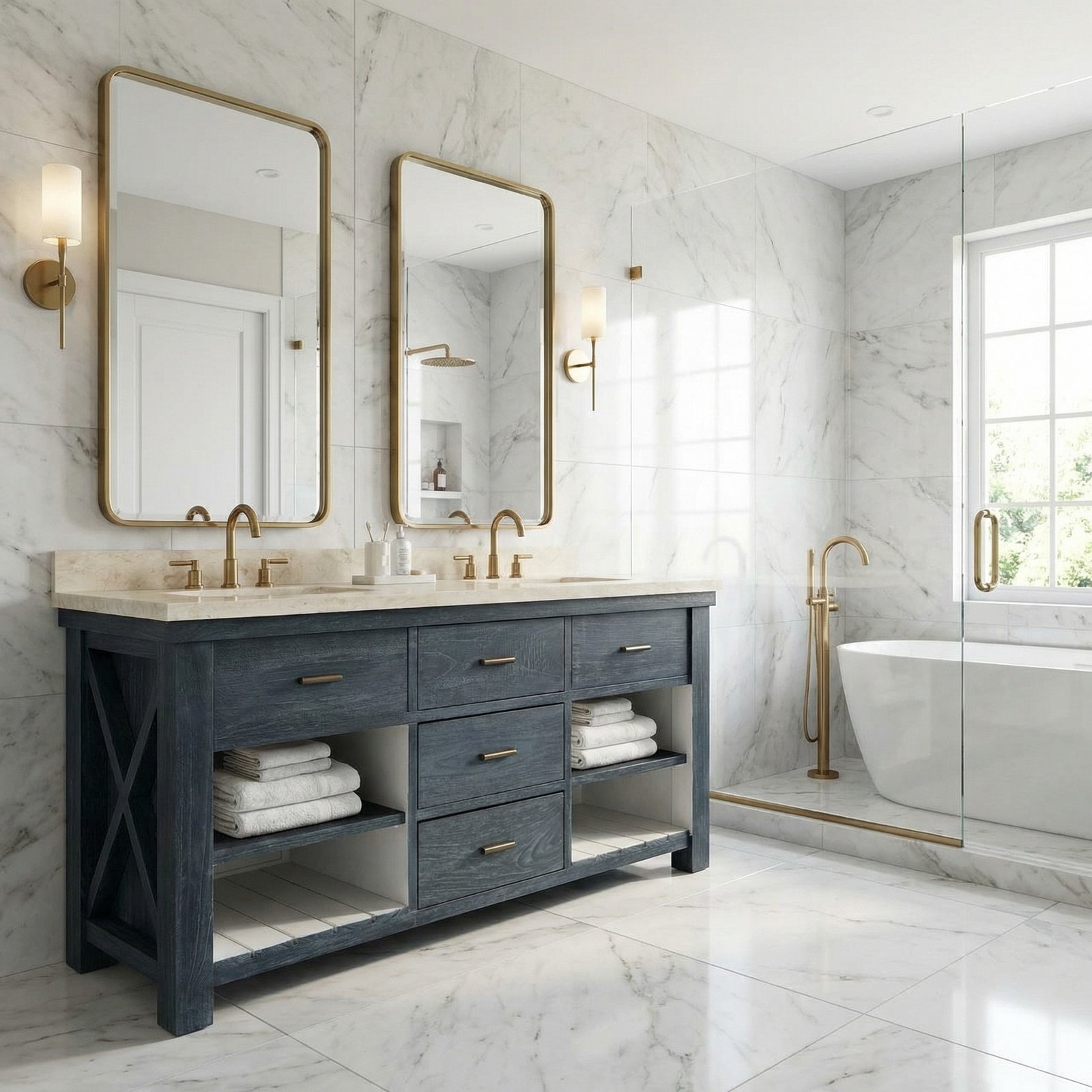 Customizable Double Bathroom Vanity with Marble Top 72"W Charcoal