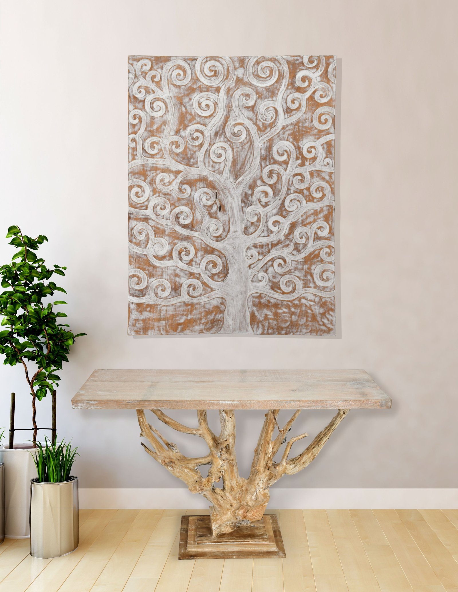 Bayshore Carved Teak Tree of Life Wall Decor Whitewash