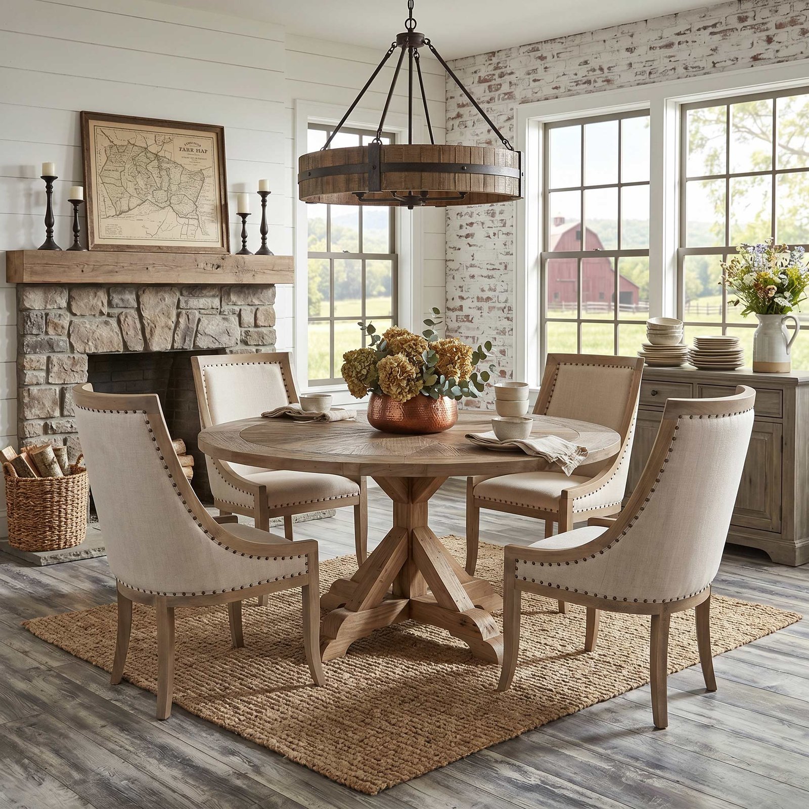 Farmhouse Barrel 60' Round Dining Table Set of 5