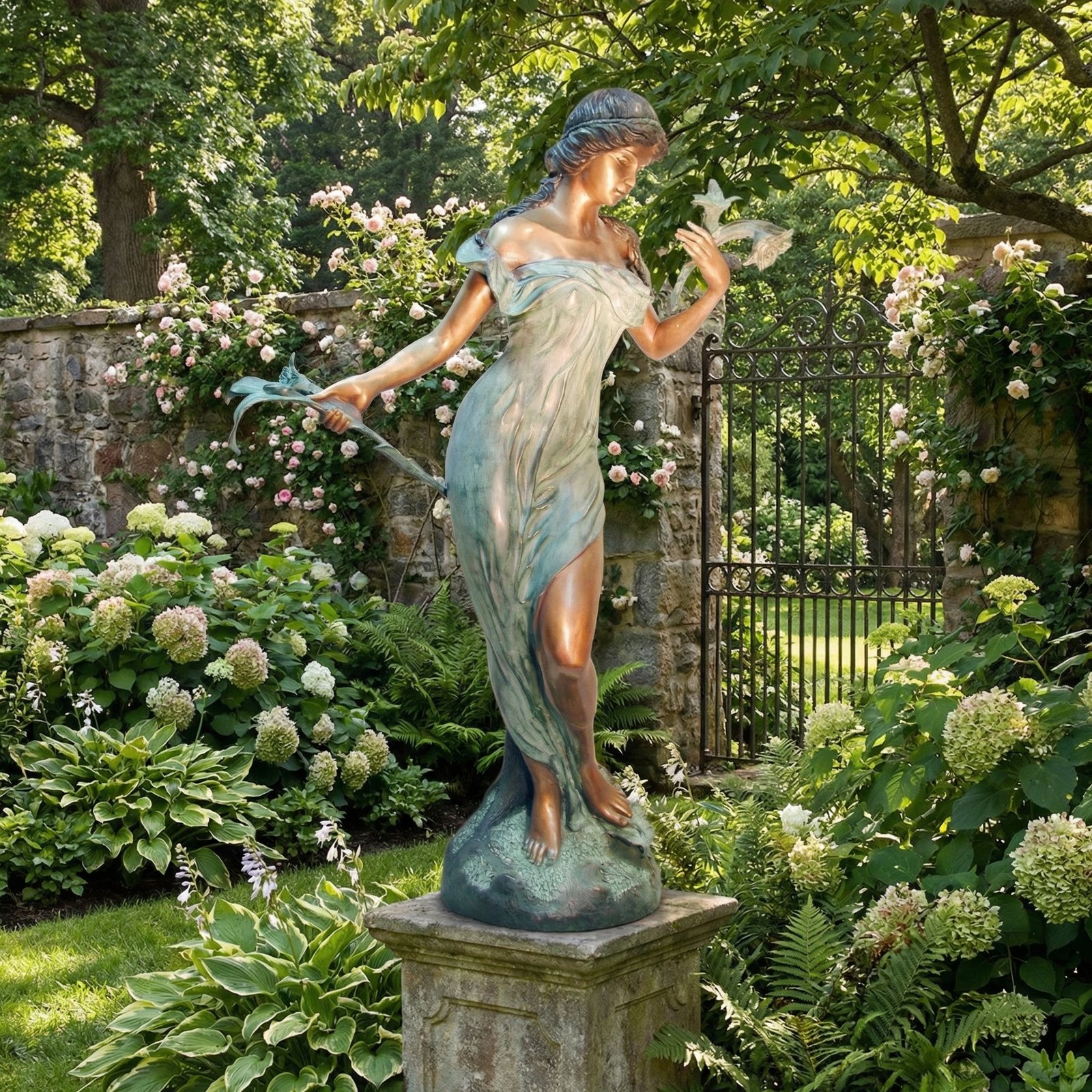 Bronze Lady standing with flower fountain