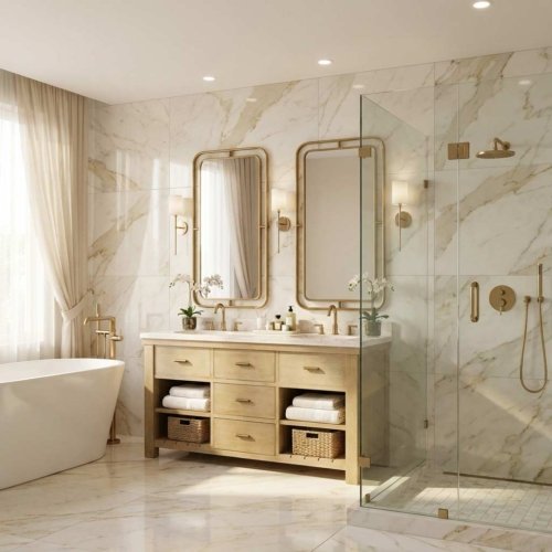 Customizable Double Bathroom Vanity with Marble Top 72"W Beachstone