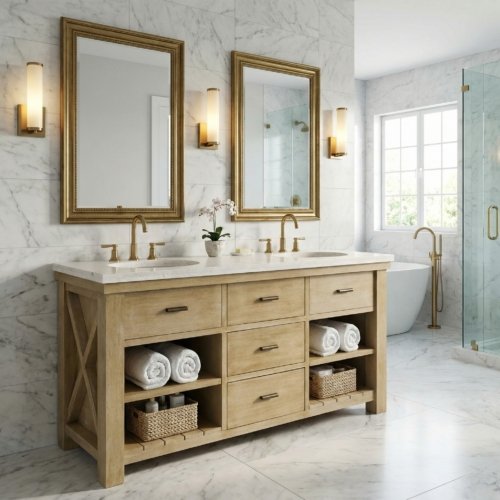 Customizable Double Bathroom Vanity with Marble Top 72"W Beachstone
