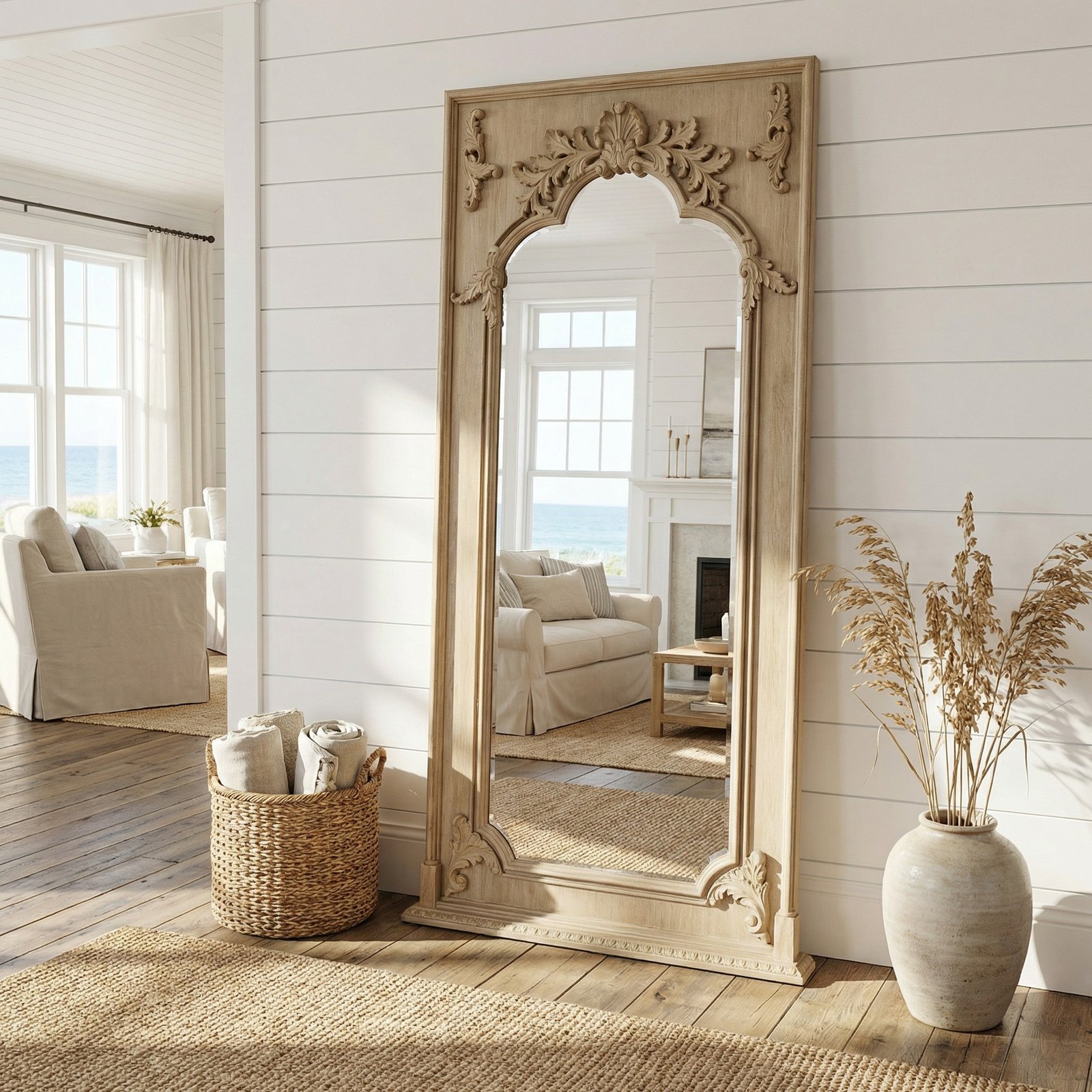 Grand Carved Mahogany Leaner Floor Mirror 46W x 94H