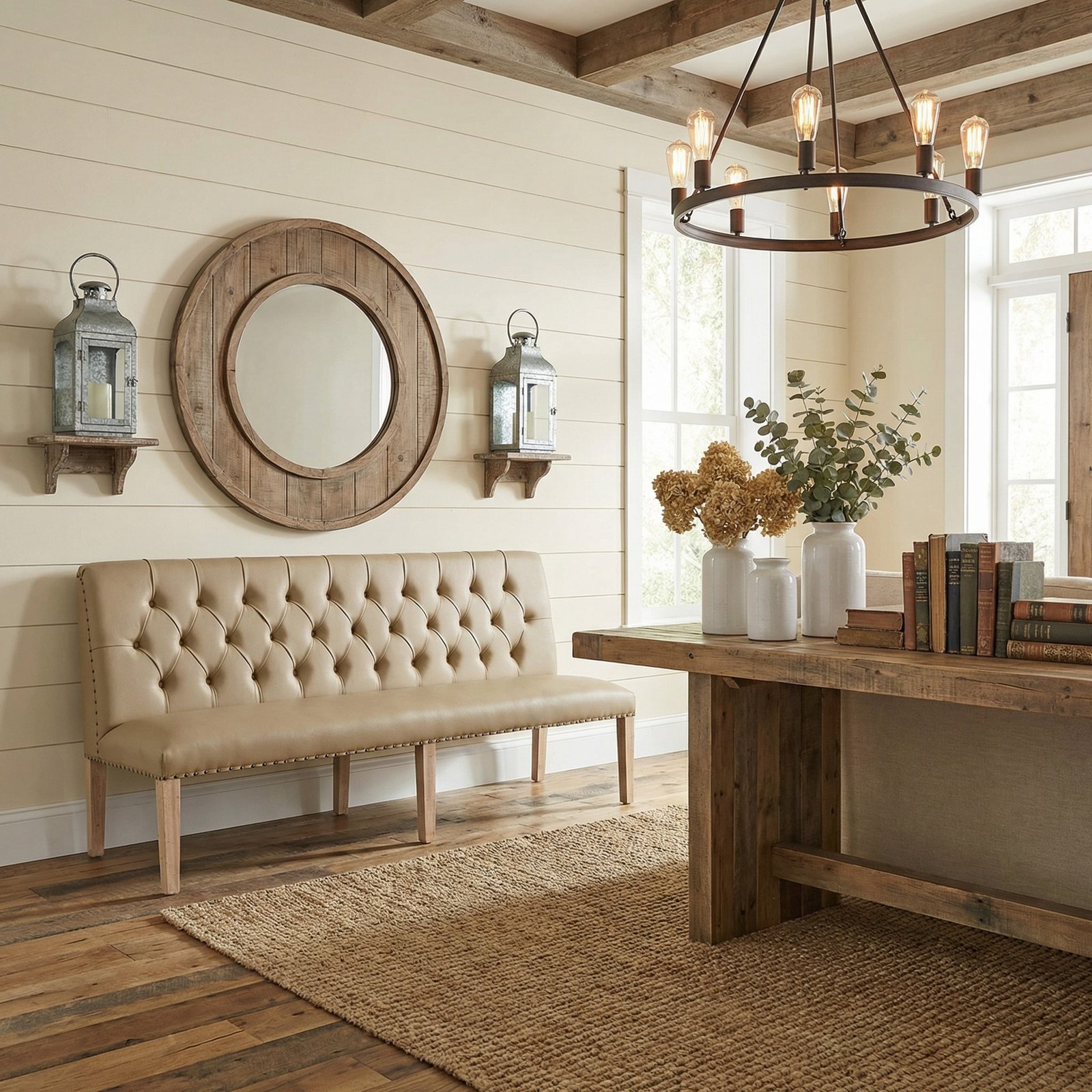 Inverness Farmhouse Bench with Faux Leather 84"W