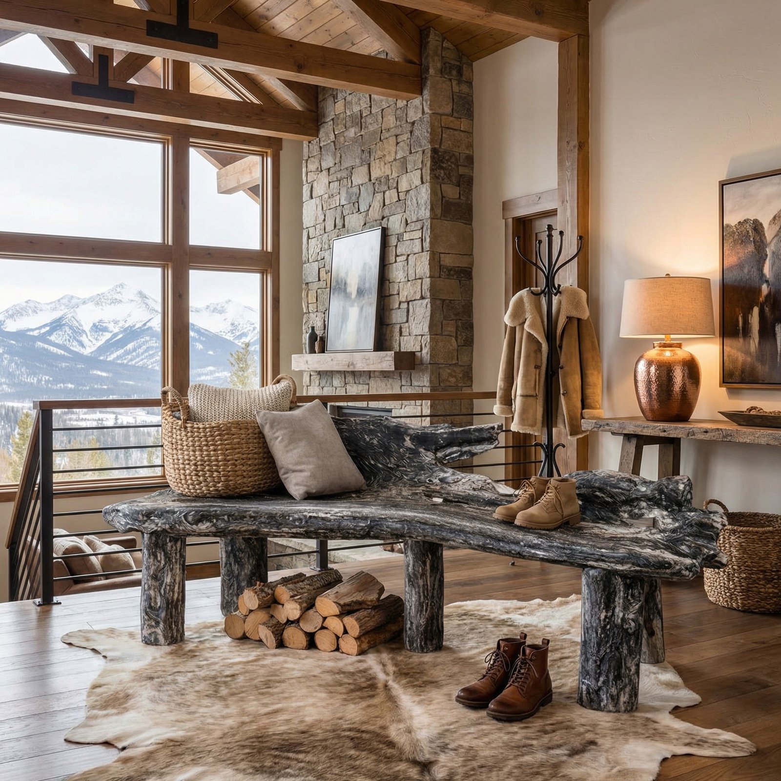 Teak Root Black Wash Bench 64 inches