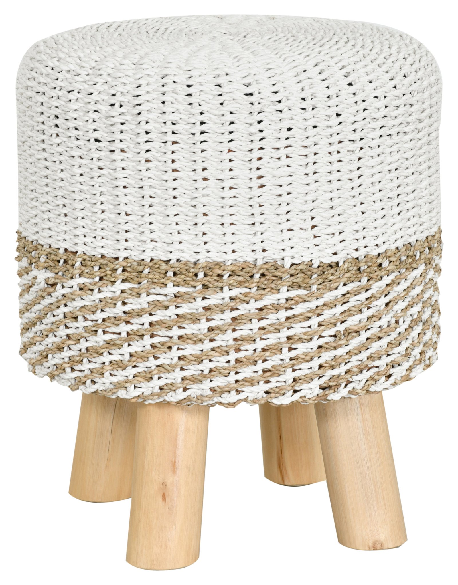 Seagrass Rattan Stool with Teak Legs-Beige/White 19"H - Image 2
