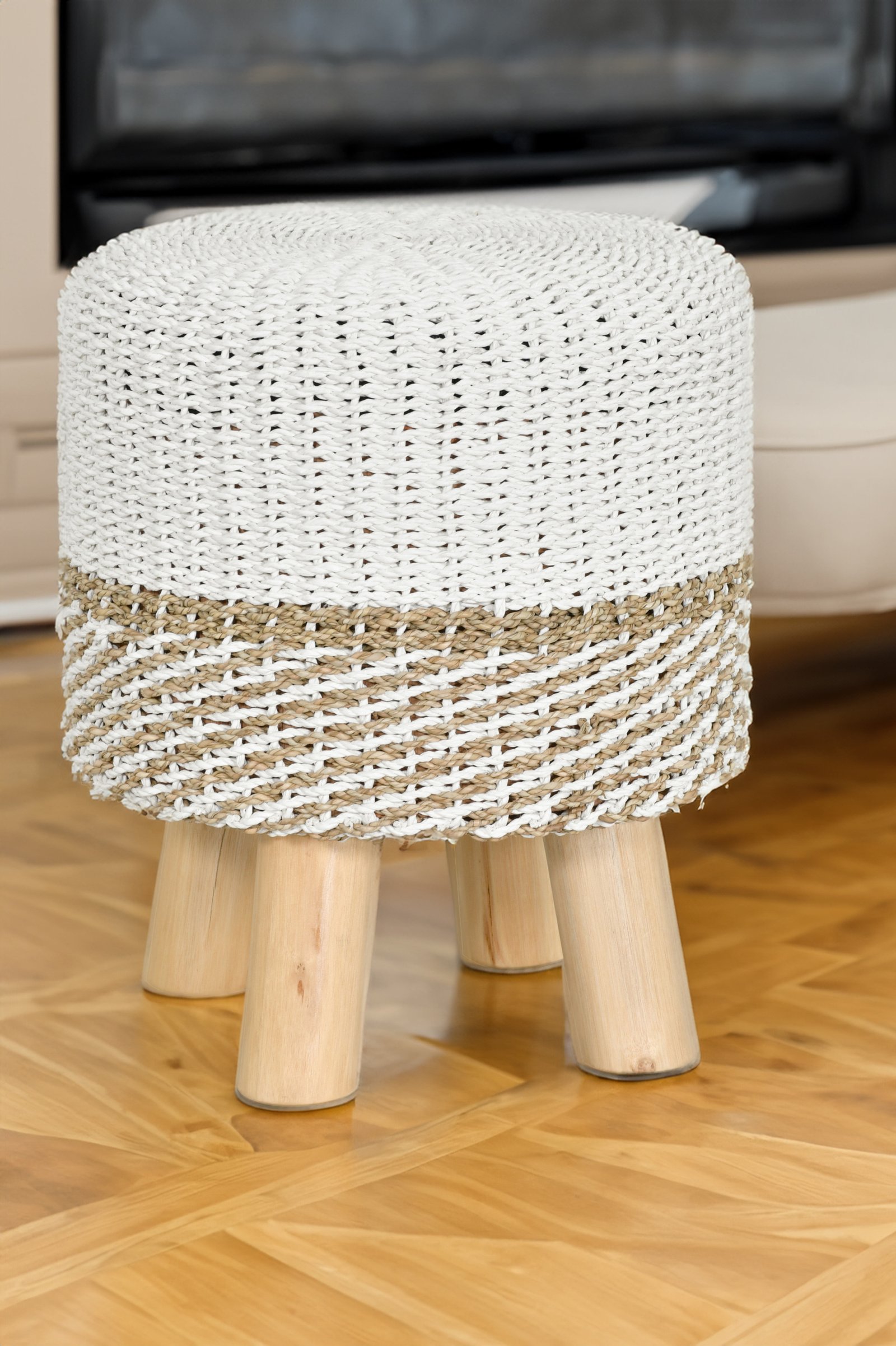 Seagrass Rattan Stool with Teak Legs-Beige/White 19"H - Image 3
