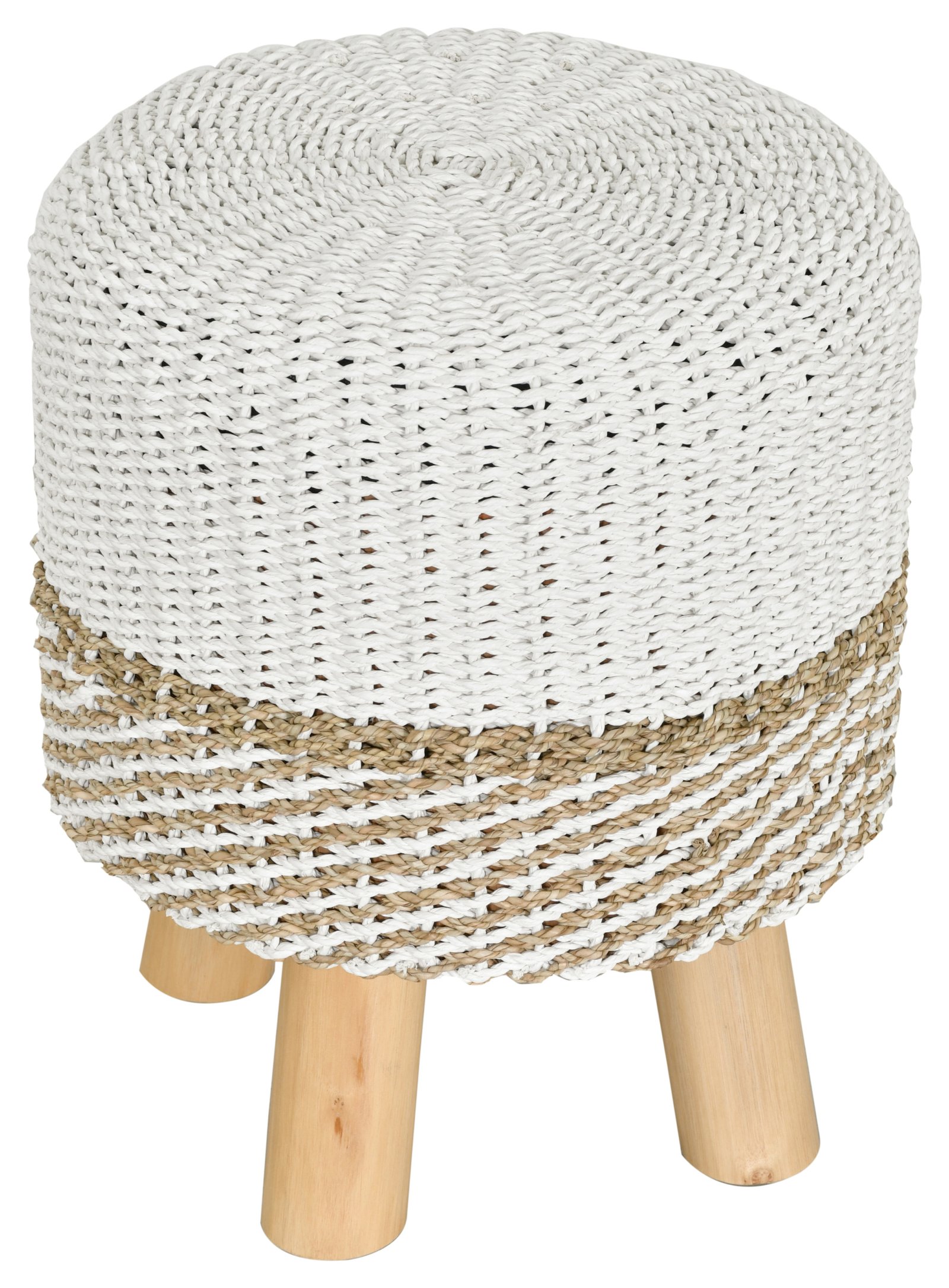 Seagrass Rattan Stool with Teak Legs-Beige/White 19"H - Image 4