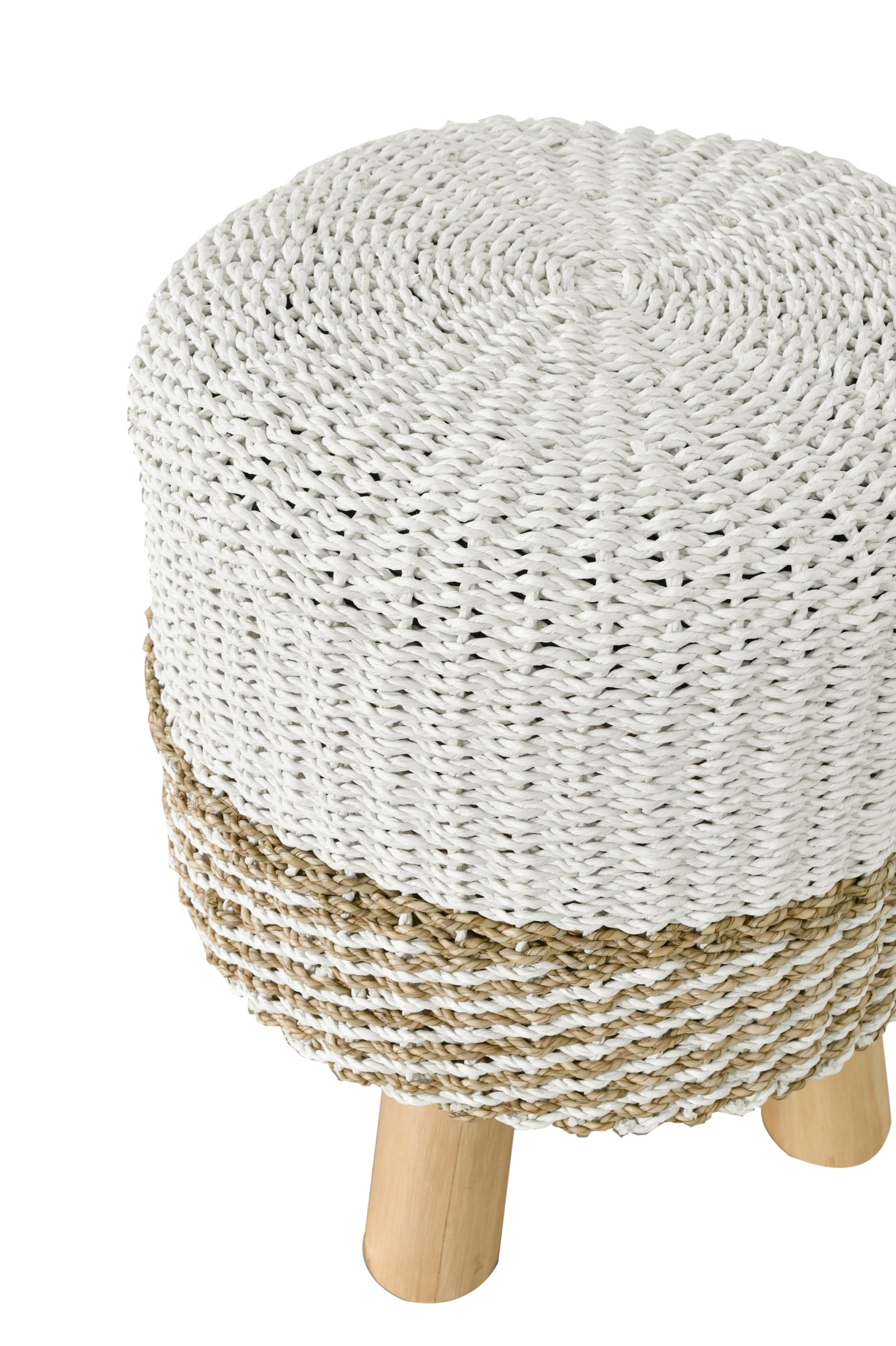 Seagrass Rattan Stool with Teak Legs-Beige/White 19"H - Image 5